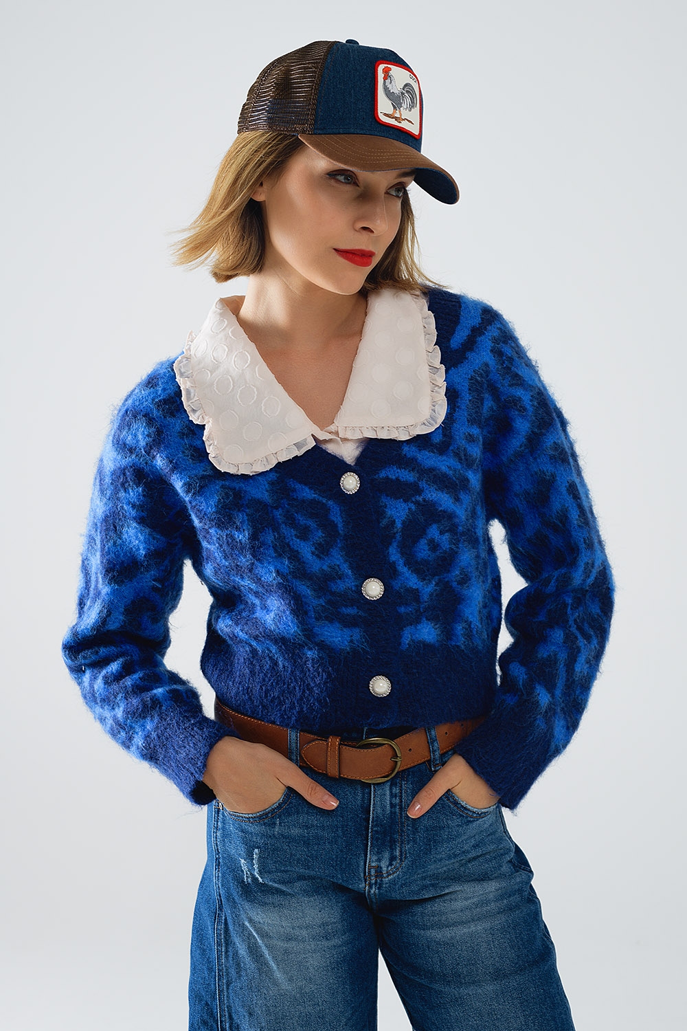 c&aacute;rdigan azul con estampado de leopardo de punto con lana