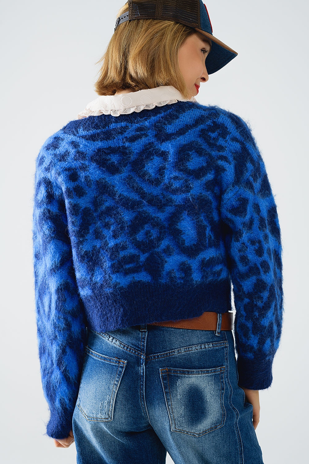 c&aacute;rdigan azul con estampado de leopardo de punto con lana