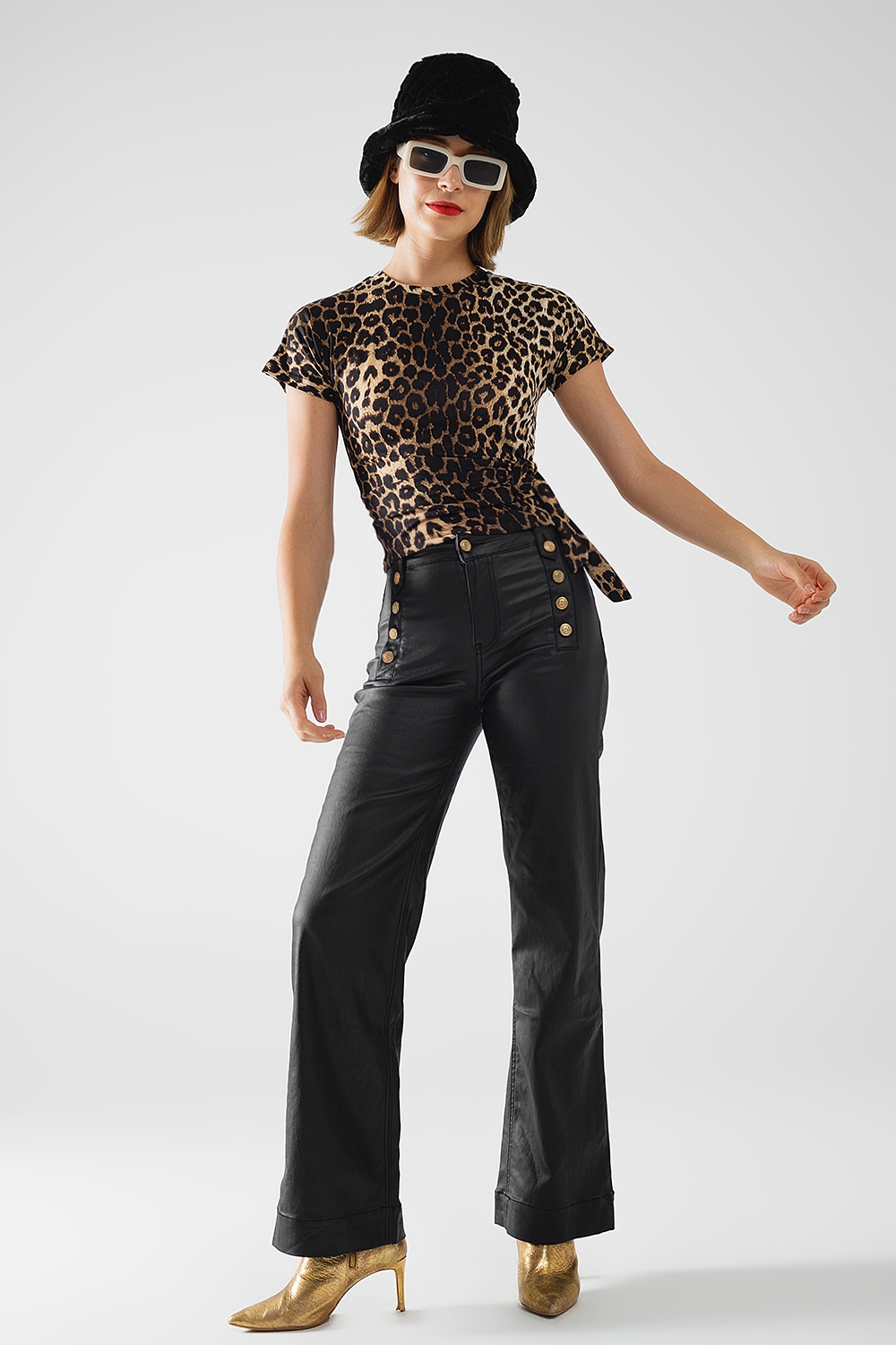 Camiseta de Spandex con estampado de leopardo y detalle de lazo Camiseta de Spandex con estampado de leopardo y detalle de lazo