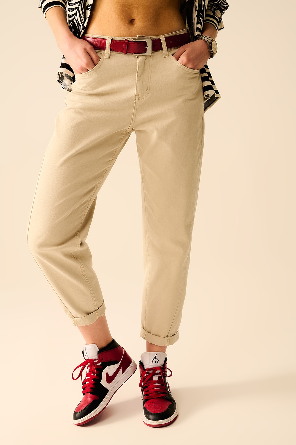 Pantalones Rectos S&uacute;per C&oacute;modos de Estiramiento en Beige