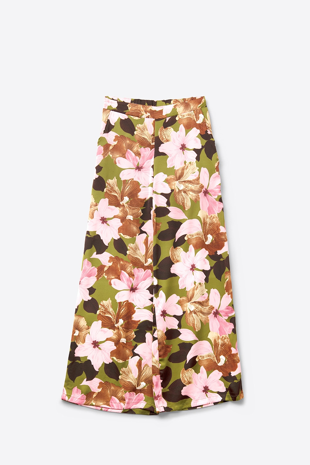 Pantal&oacute;n ancho floral tropical multicolor en tejido satinado