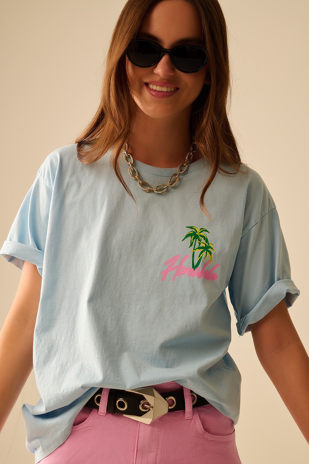 Camiseta azul made in Italy con gráfico Honolulu Camiseta azul made in Italy con gráfico Honolulu