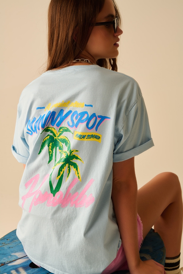 Camiseta azul made in Italy con gr&aacute;fico Honolulu