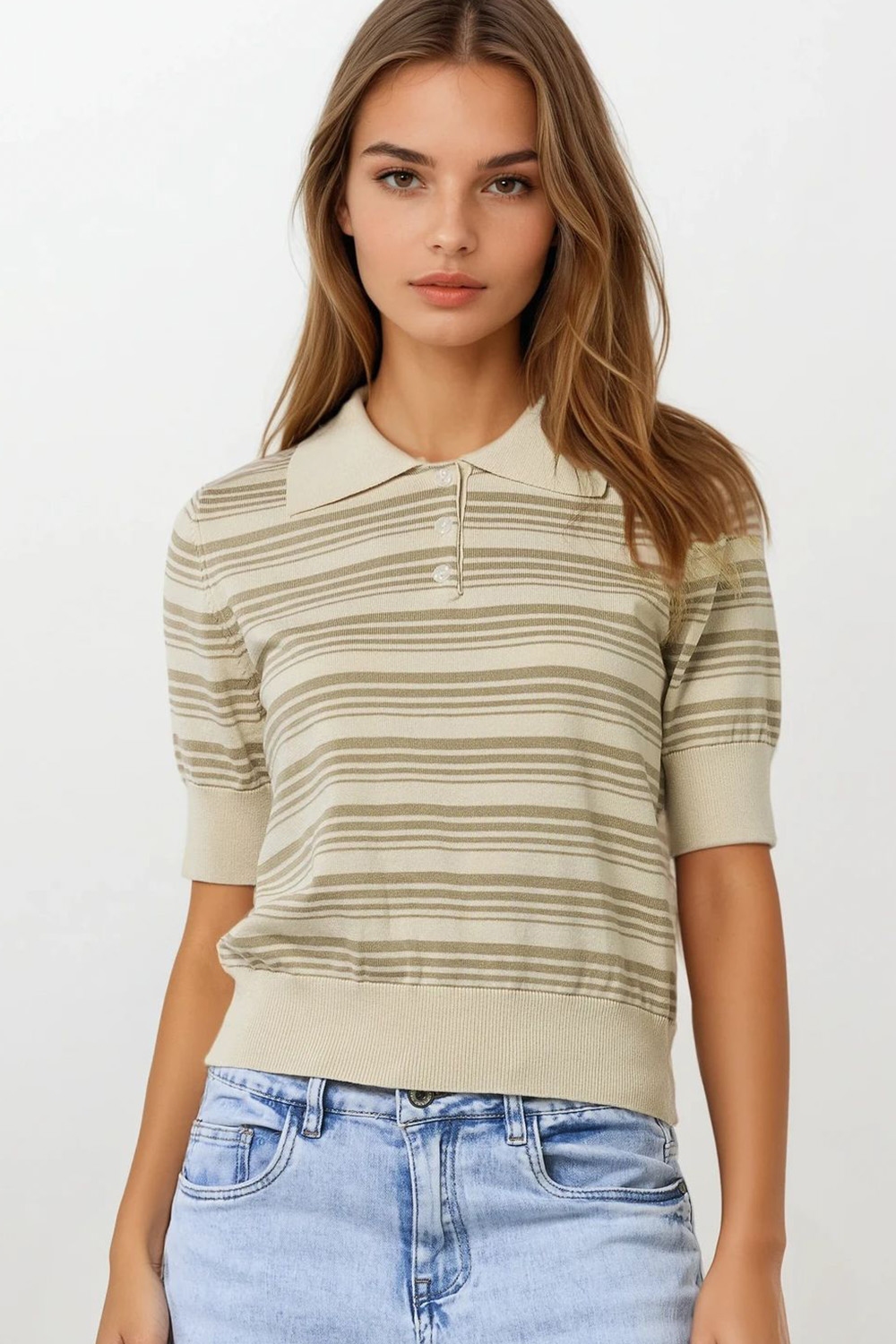 Jersey de rayas beige y camel con cuello polo