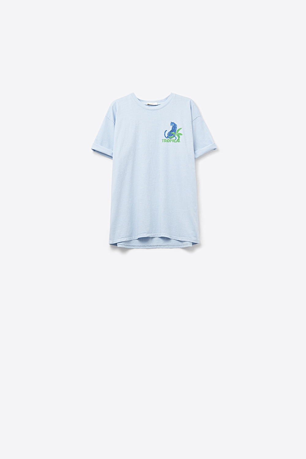 Camiseta azul hecha en Italia con estampado gr&aacute;fico tropical