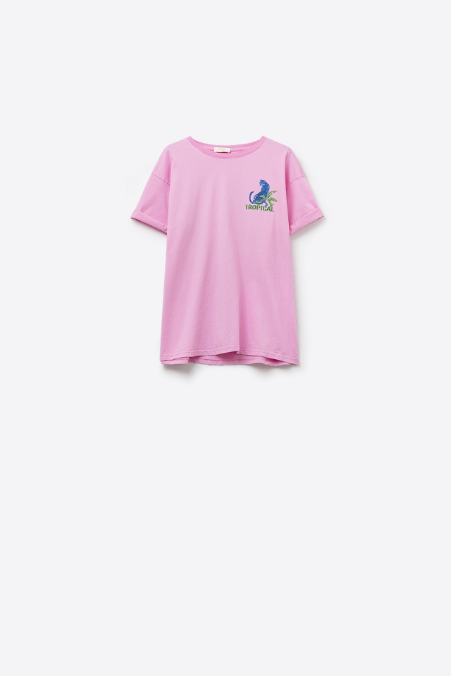 Camiseta rosa hecha en Italia con estampado gr&aacute;fico tropical