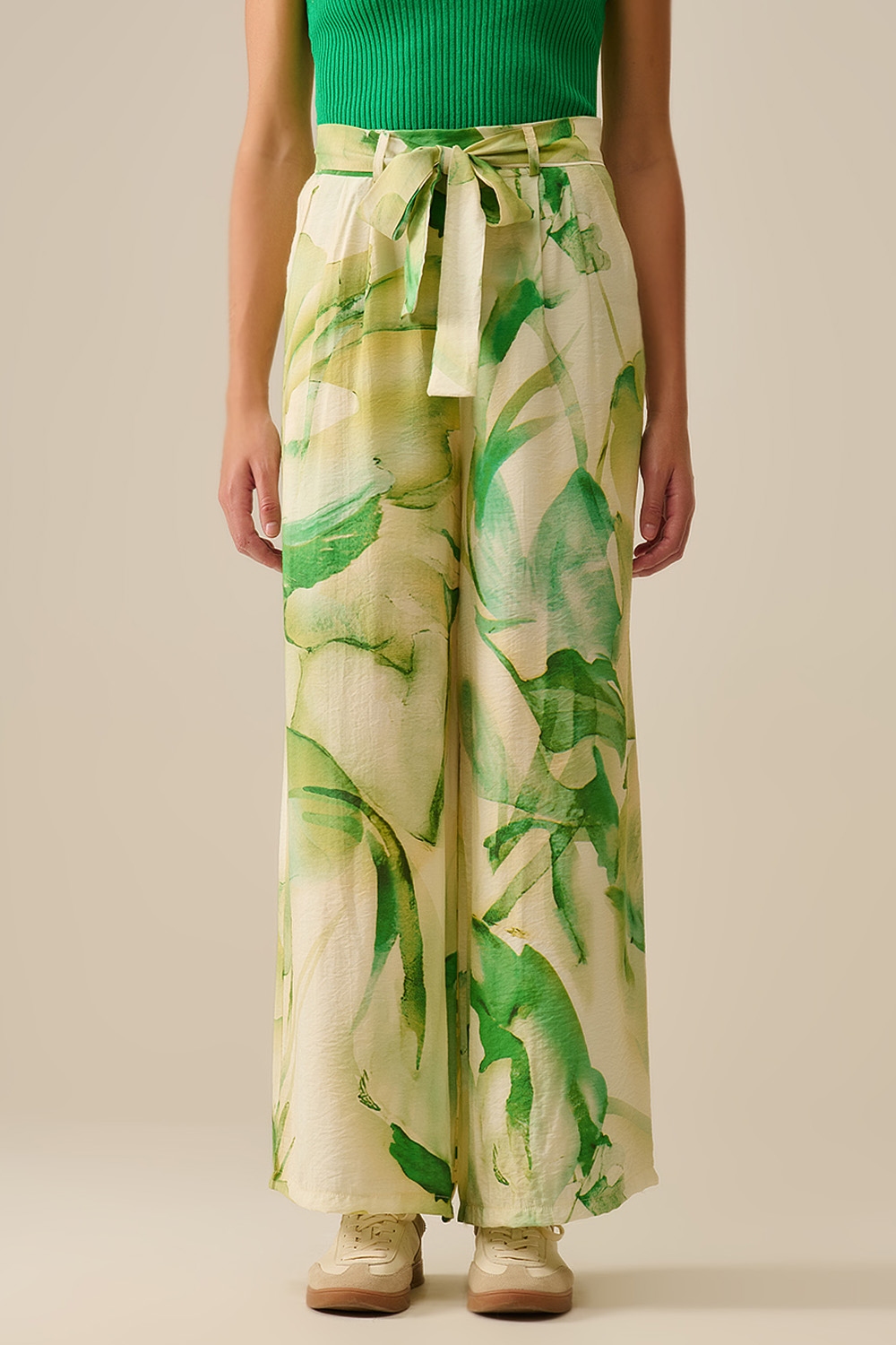 Pantalones de pata ancha con estampado de acuarela verde