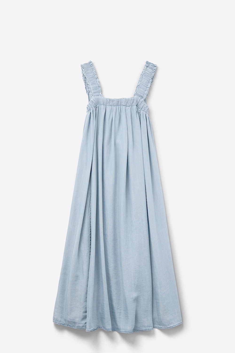 Maxivestido azul claro con tirantes de volantes en tejido de tencel Maxivestido azul claro con tirantes de volantes en tejido de tencel