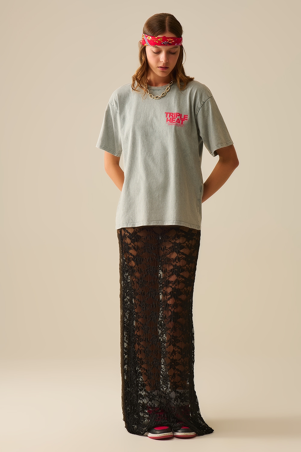 Camiseta relaxed fit gris lavada de manga corta TRIPLE HEAT LOGO