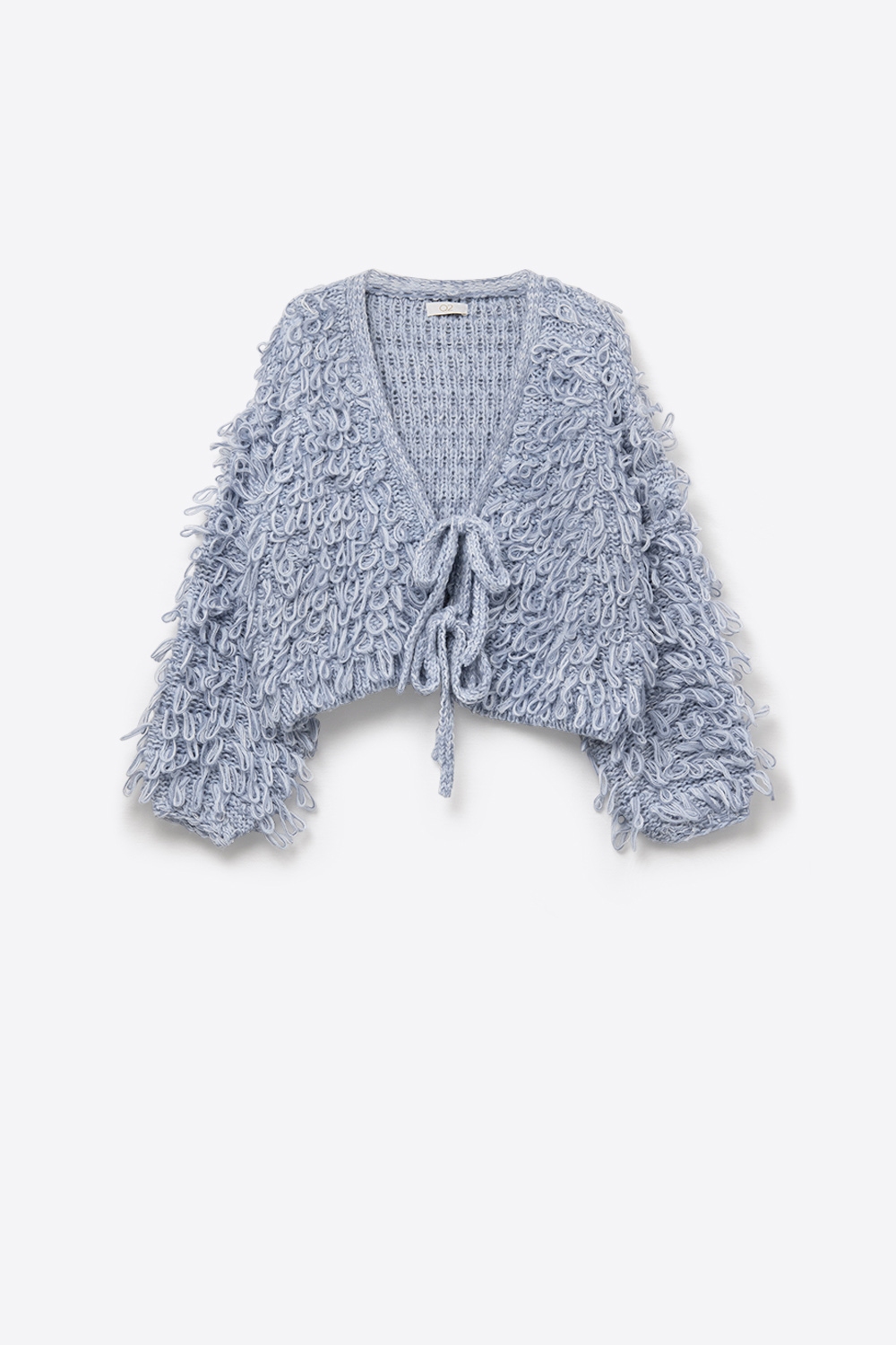 Chaqueta de punto grueso azul con cuello de pico y cierre de lazo delantero Chaqueta de punto grueso azul con cuello de pico y cierre de lazo delantero
