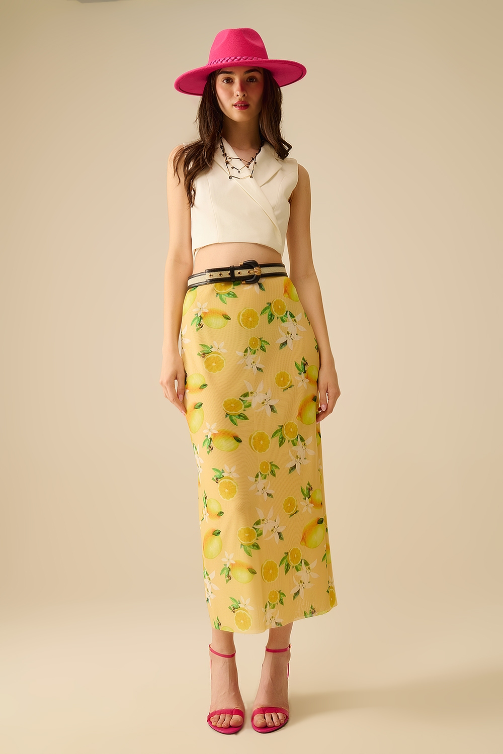 Amarillo Falda midi ajustada con estampado de limón en tejido de malla Amarillo Falda midi ajustada con estampado de limón en tejido de malla