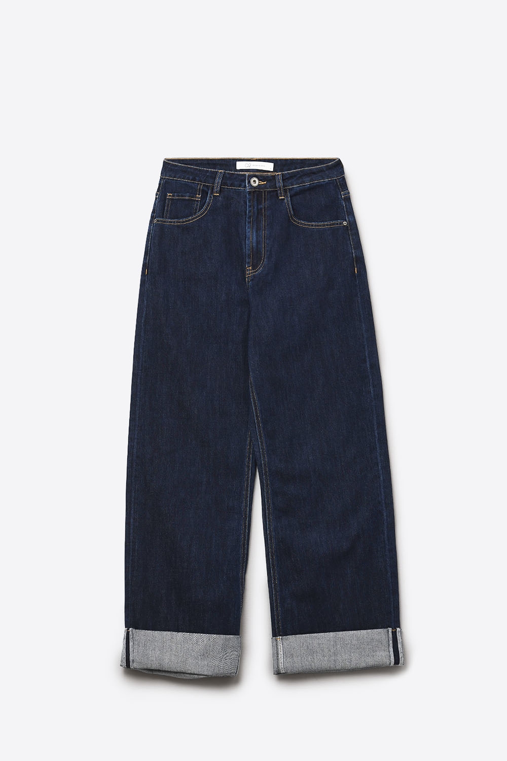 Vaqueros de talle alto y pernera ancha en azul oscuro con dobladillo plegado Vaqueros de talle alto y pernera ancha en azul oscuro con dobladillo plegado
