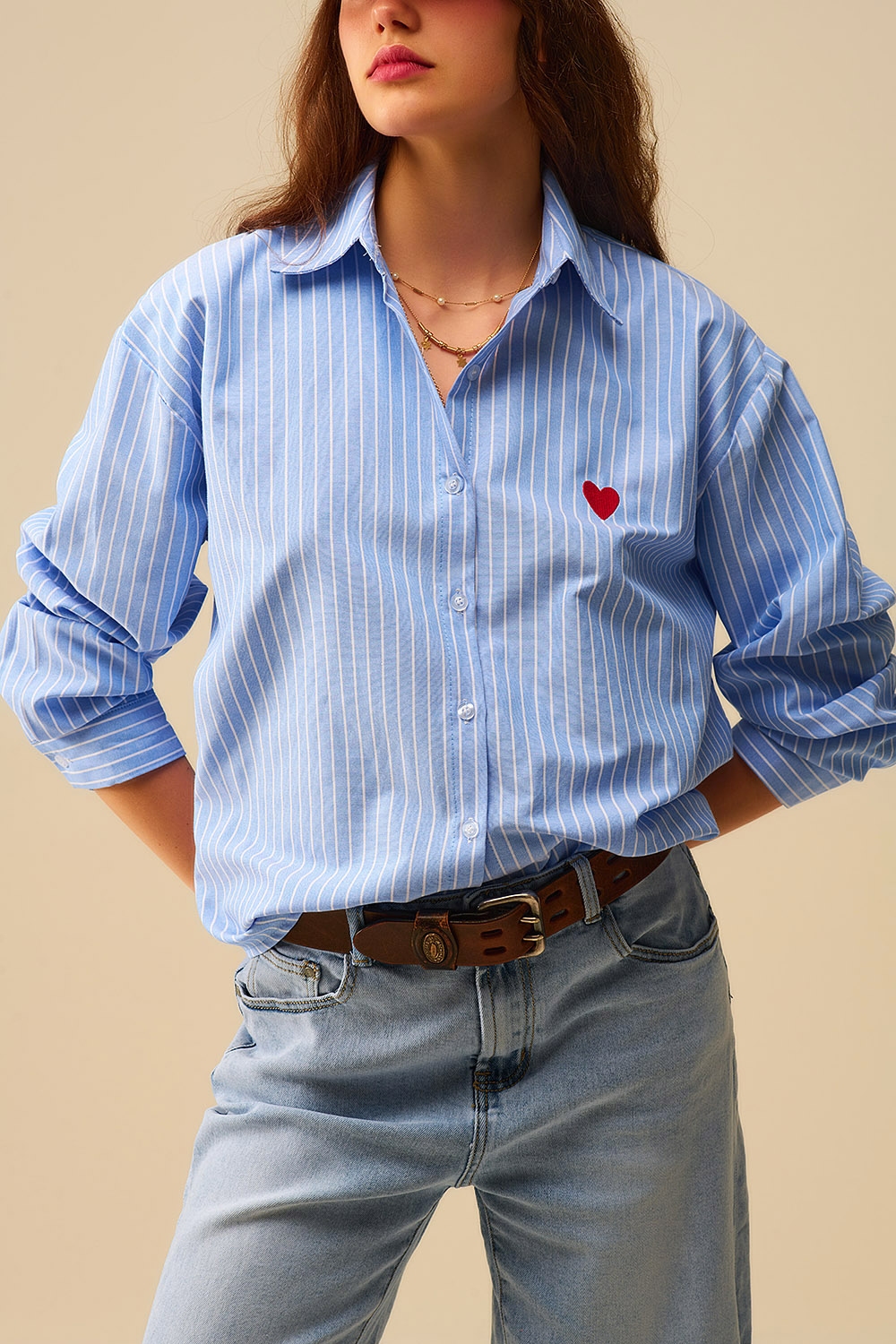 Camisa de rayas azules con bordado de corazón rojo Camisa de rayas azules con bordado de corazón rojo