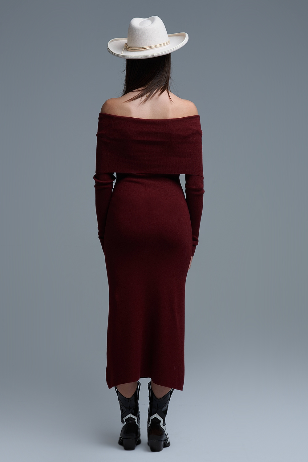 Maxi Vestido Bardot ancho de punto en burdeos
