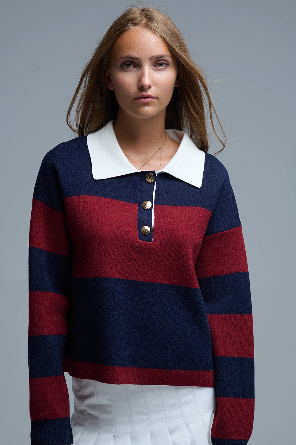 Polo de rayas Ivy en azul marino y burdeos