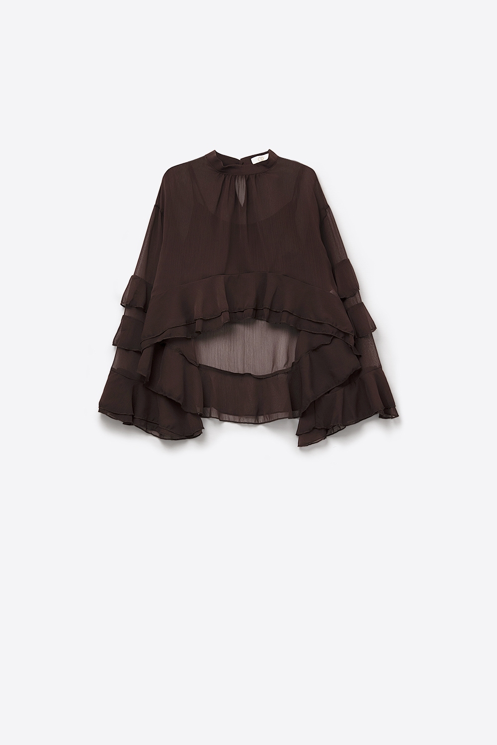 Blusa marr&oacute;n de gasa con volantes y transparencias