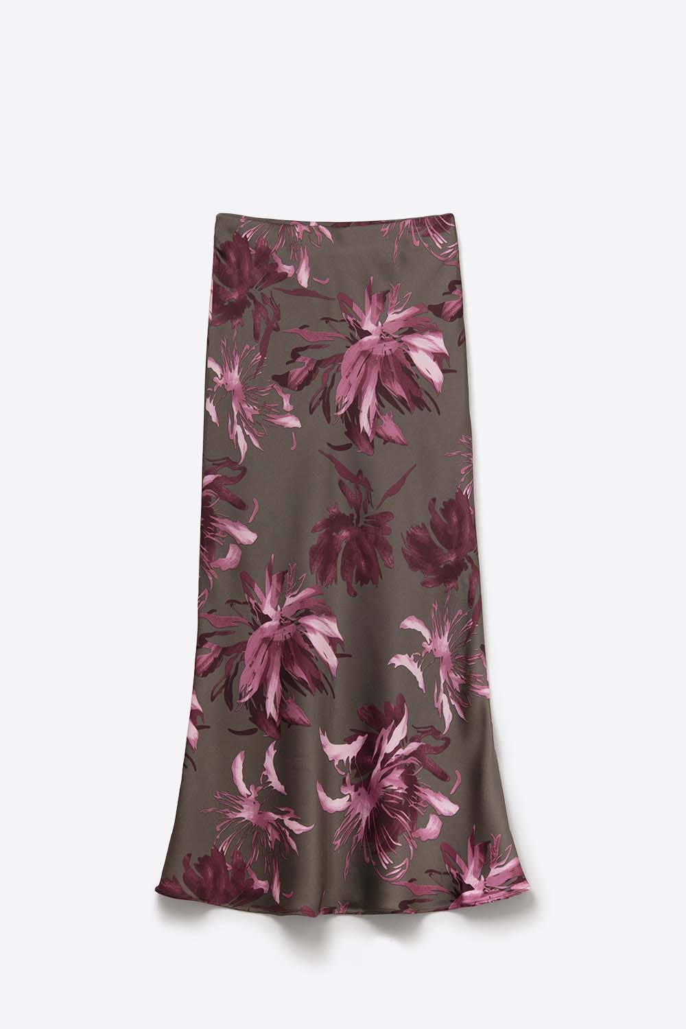 Elegante falda midi floral de satén gris Elegante falda midi floral de satén gris