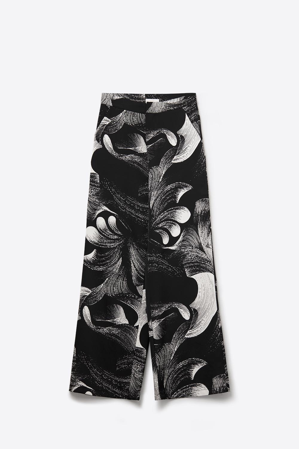Elegante pantalón negro estampado de pata ancha en tejido satinado Elegante pantalón negro estampado de pata ancha en tejido satinado