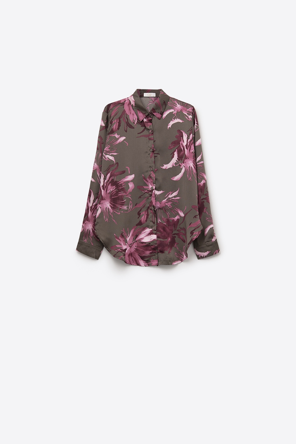 Camisa de raso gris con estampado floral y botones Camisa de raso gris con estampado floral y botones