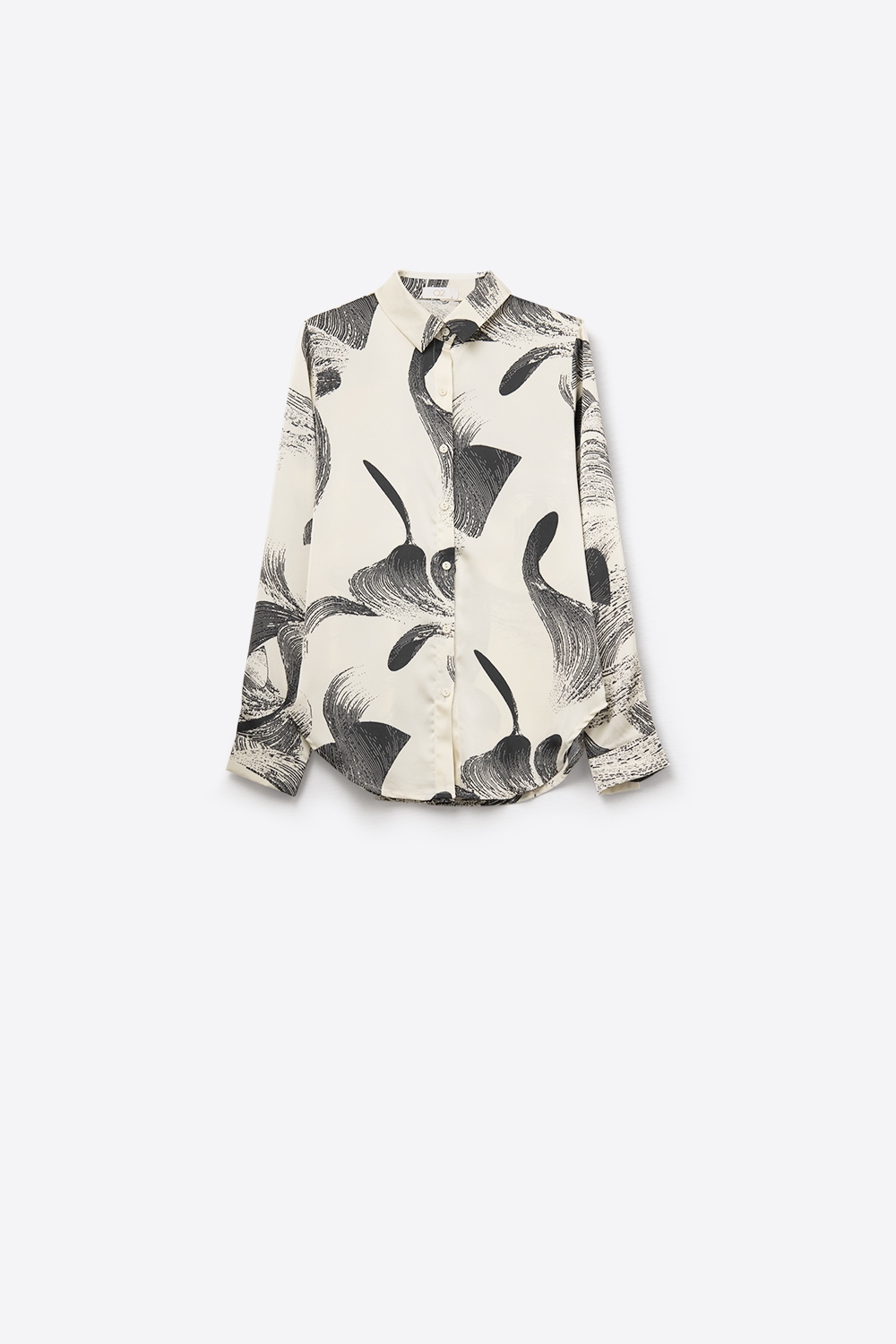 Camisa de satén estampada abstracta en crema de ajuste relajado Camisa de satén estampada abstracta en crema de ajuste relajado