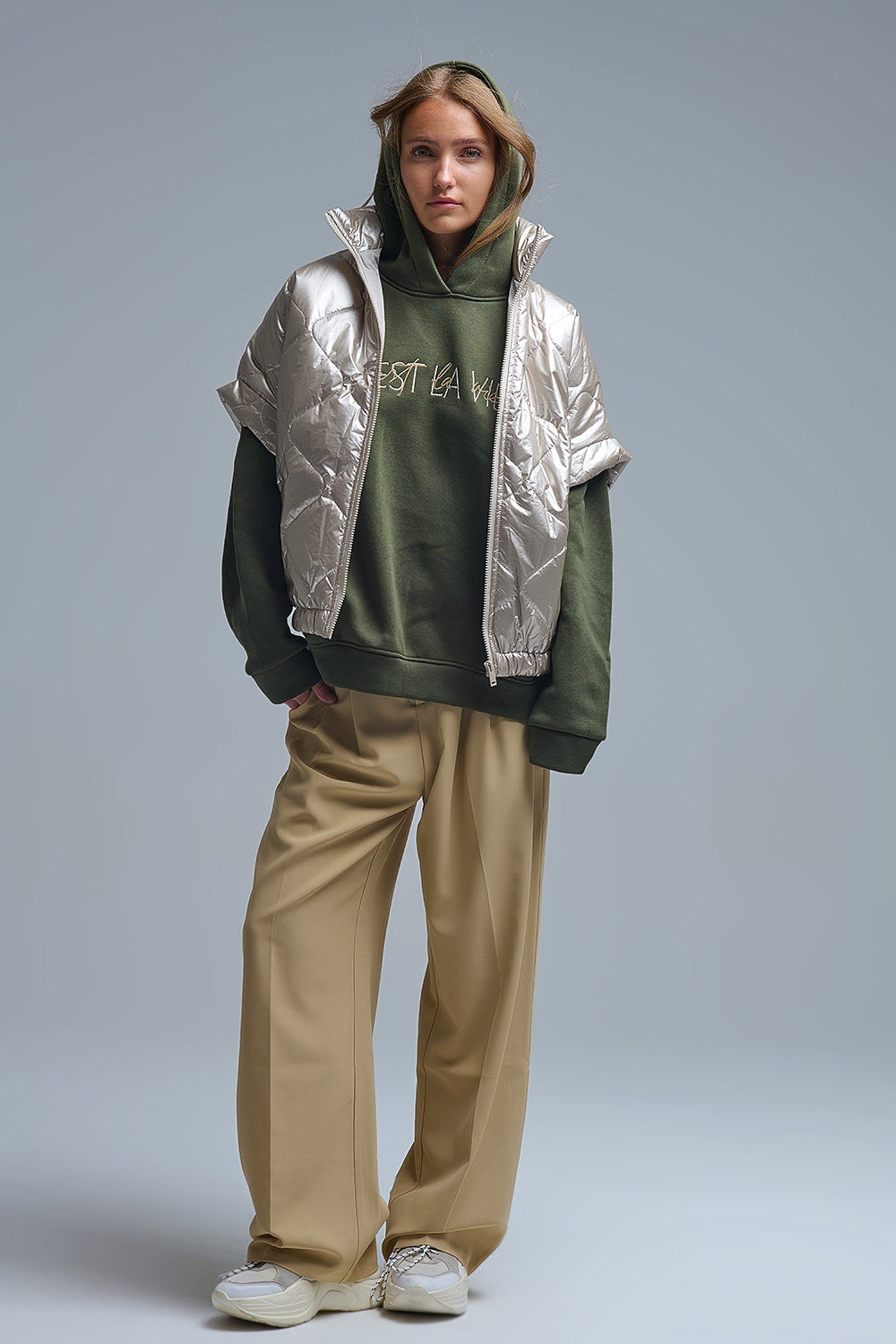 Chaqueta de plum&oacute;n acolchada en dorado con manga caida