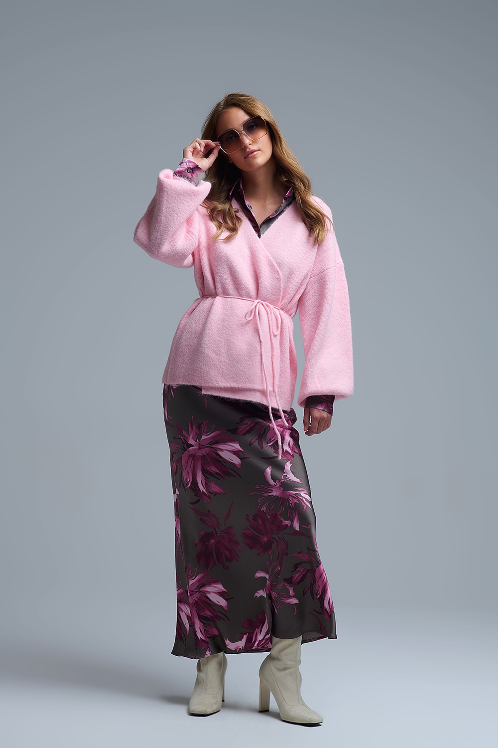 Elegante cárdigan de punto rosa envolvente Elegante cárdigan de punto rosa envolvente