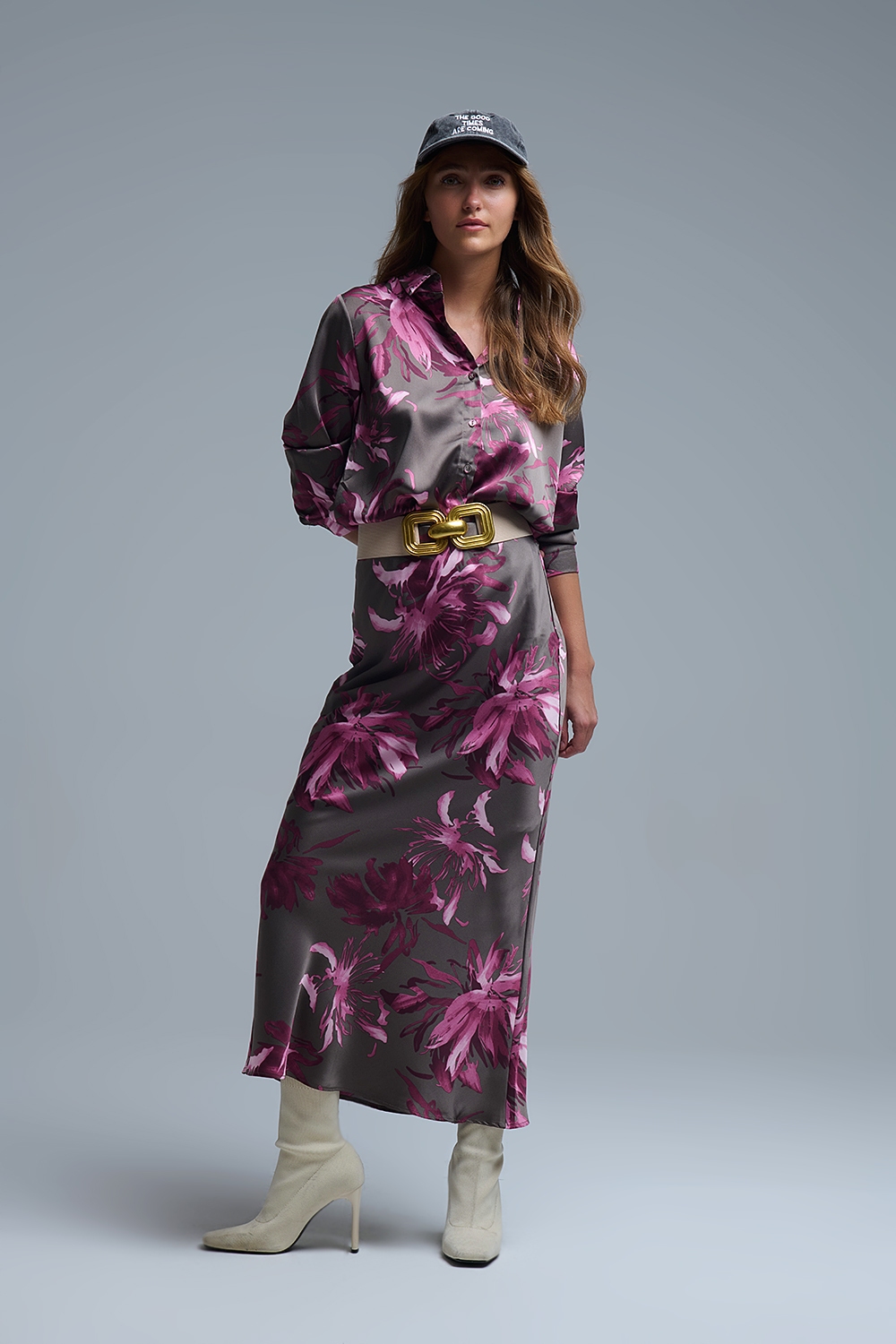 Elegante falda midi floral de satén gris Elegante falda midi floral de satén gris