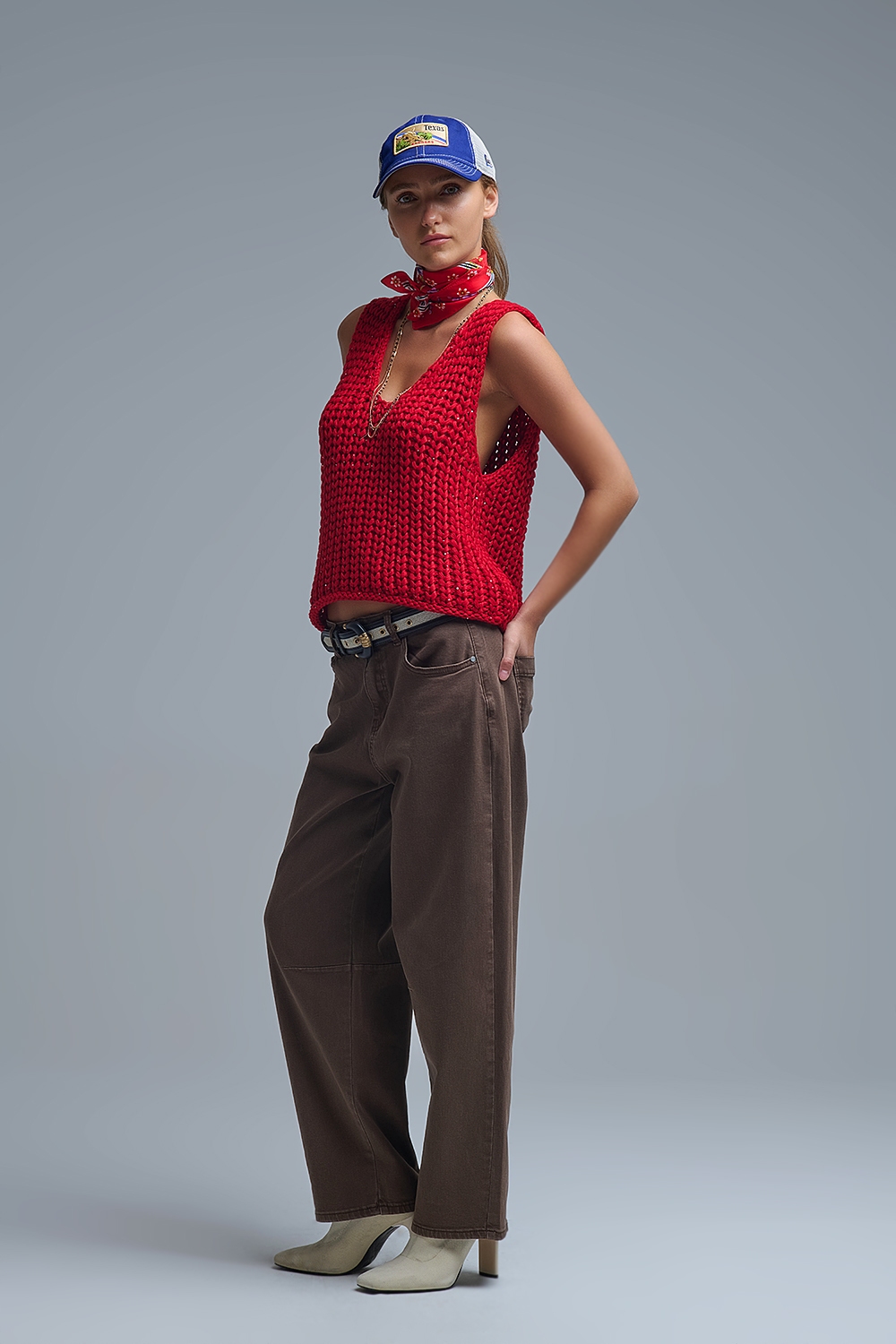 Chaleco Crochet Rojo Con Hilo De Lentejuelas Chaleco Crochet Rojo Con Hilo De Lentejuelas
