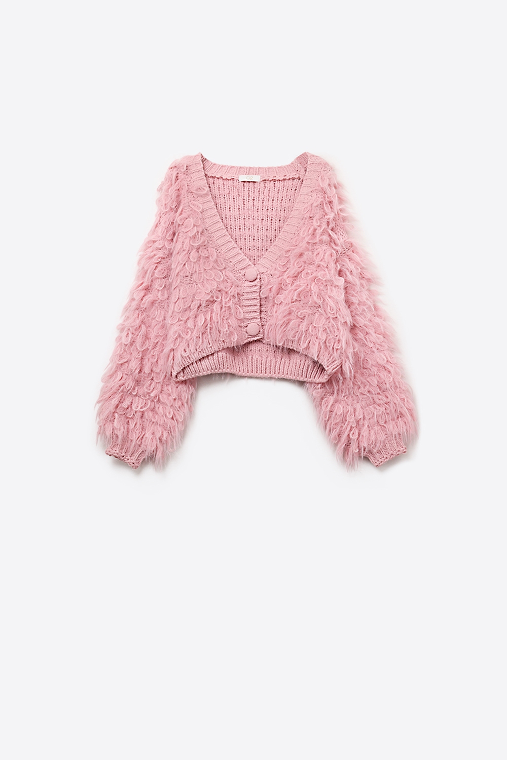 Chaqueta de punto mullida estilo shag en rosa Chaqueta de punto mullida estilo shag en rosa