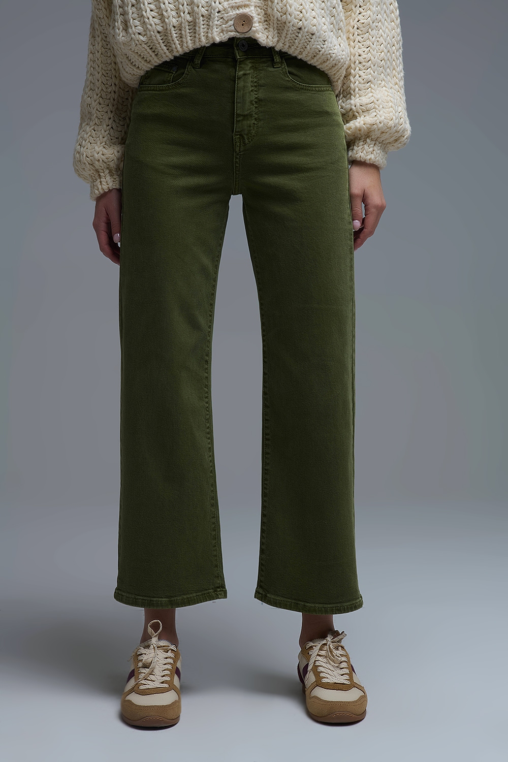 Vaqueros cropped de pierna ancha en verde oliva Vaqueros cropped de pierna ancha en verde oliva