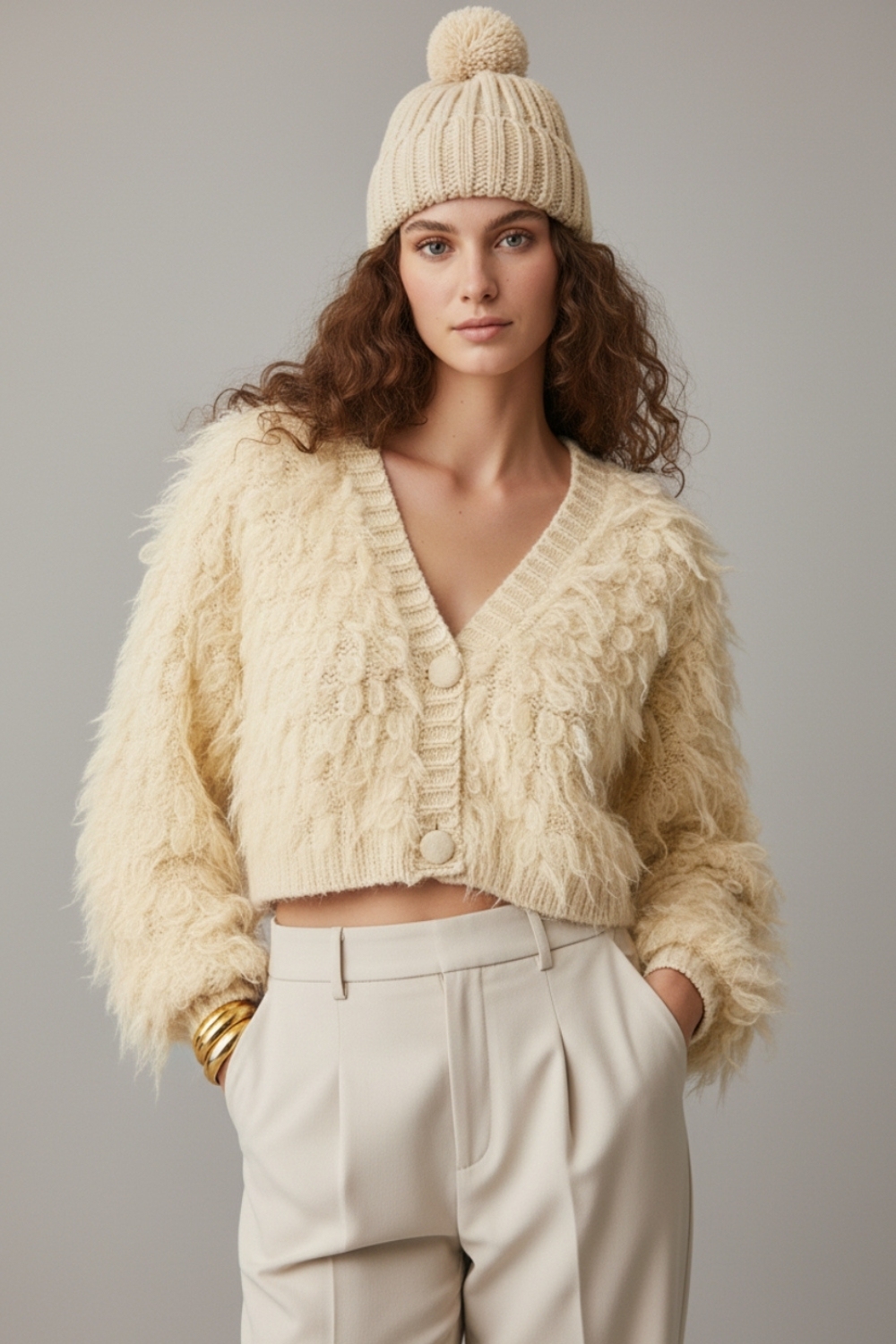 Chaqueta de punto mullida estilo shag en color crudo