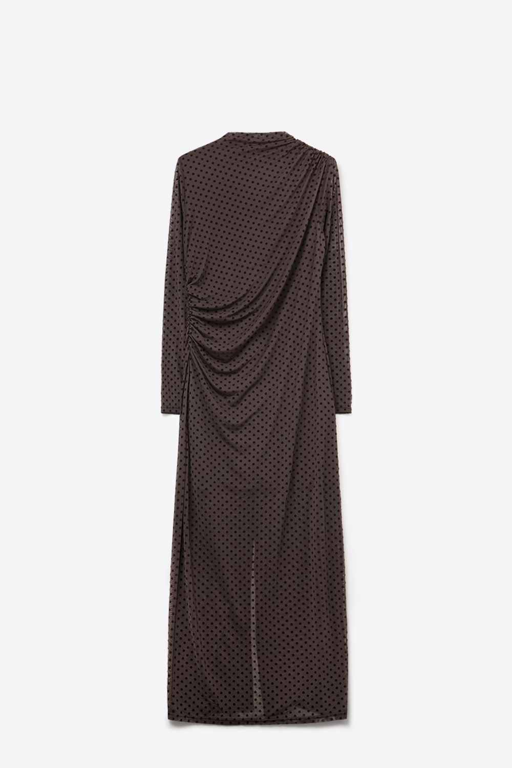 Maxivestido marr&oacute;n de lunares en tejido transparente