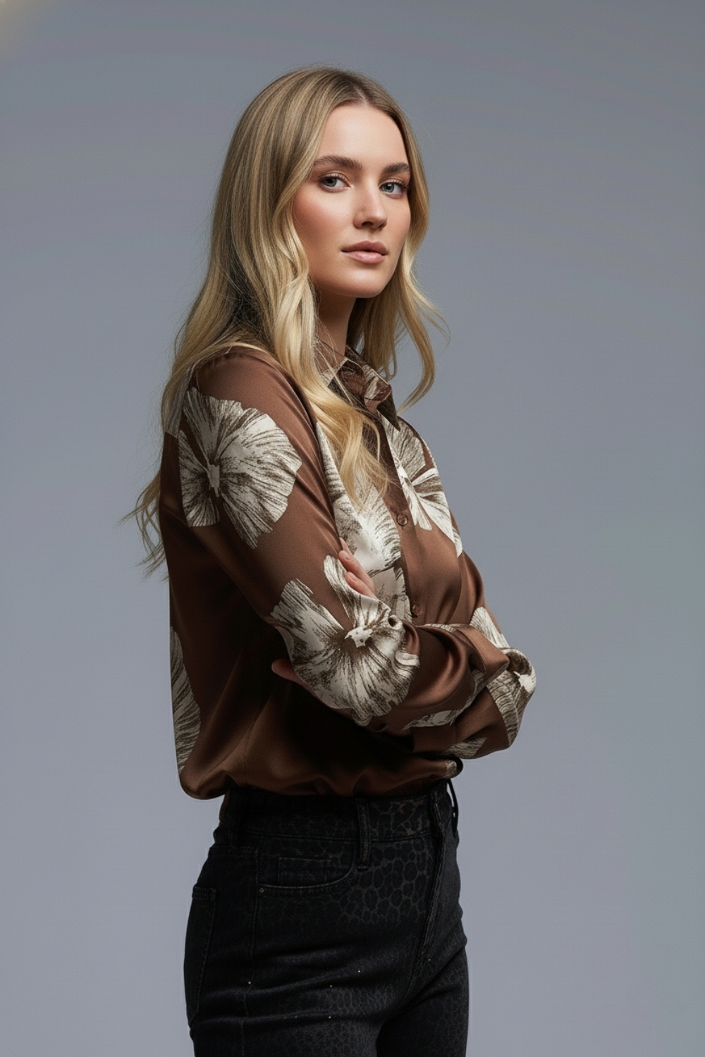 Blusa abotonada floral marr&oacute;n en tejido satinado
