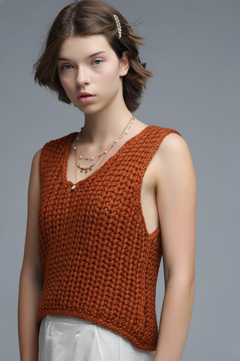 Chaleco corto de crochet en color naranja con hilo de lentejuelas Chaleco corto de crochet en color naranja con hilo de lentejuelas