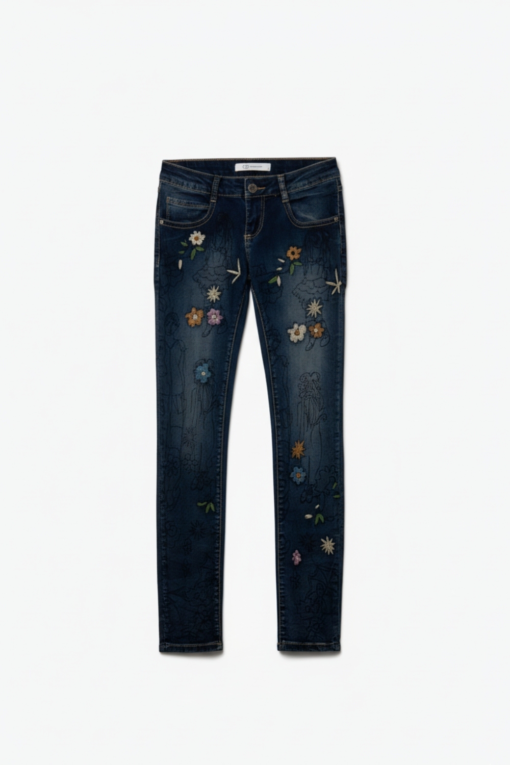 Vaqueros ajustados con flores bordadas multicolor Vaqueros ajustados con flores bordadas multicolor