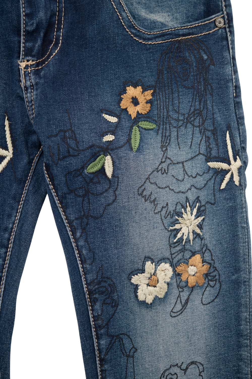 Vaqueros ajustados con flores bordadas multicolor Vaqueros ajustados con flores bordadas multicolor