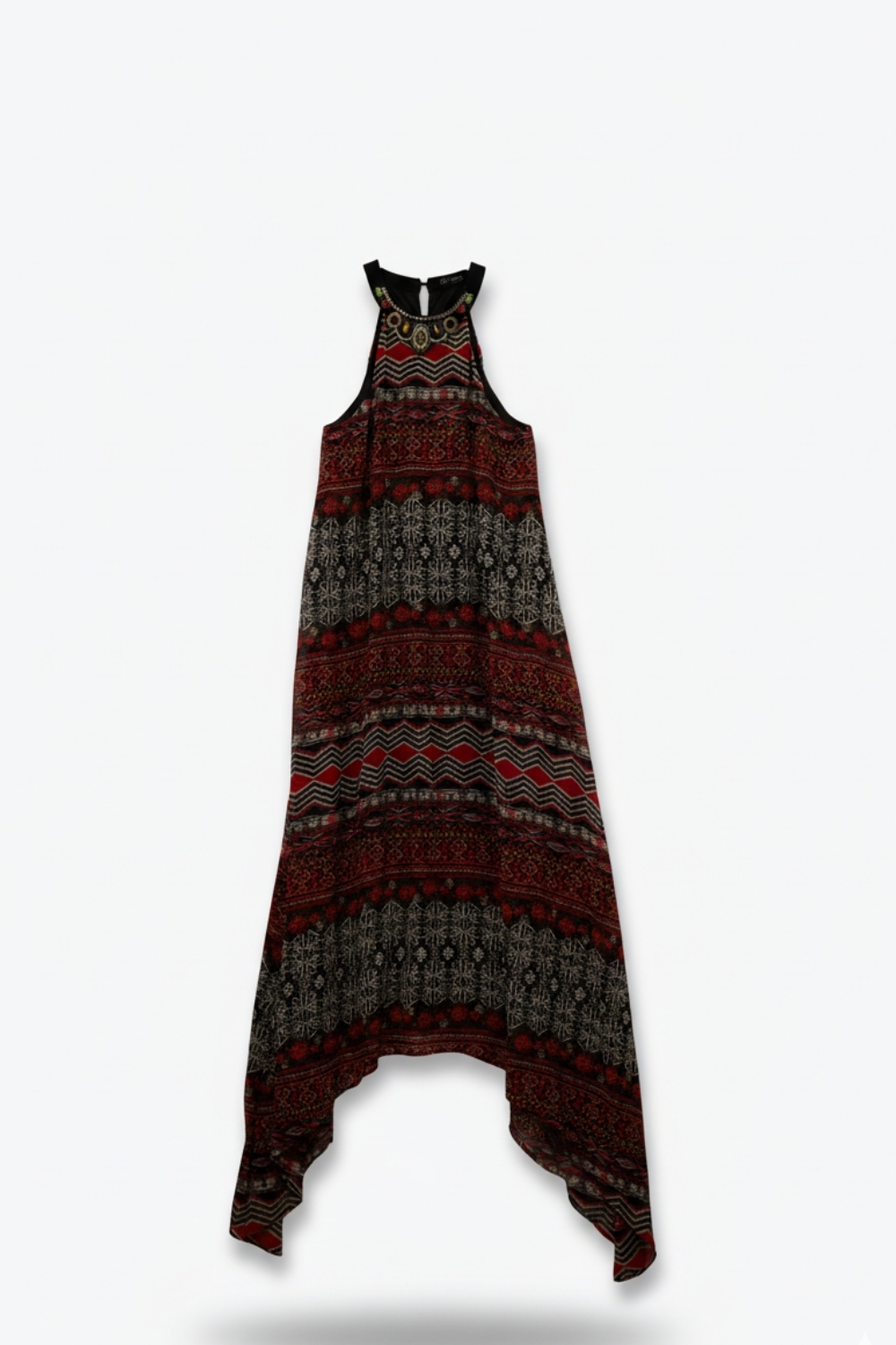 Vestido rojo boho midi con estampado tribal