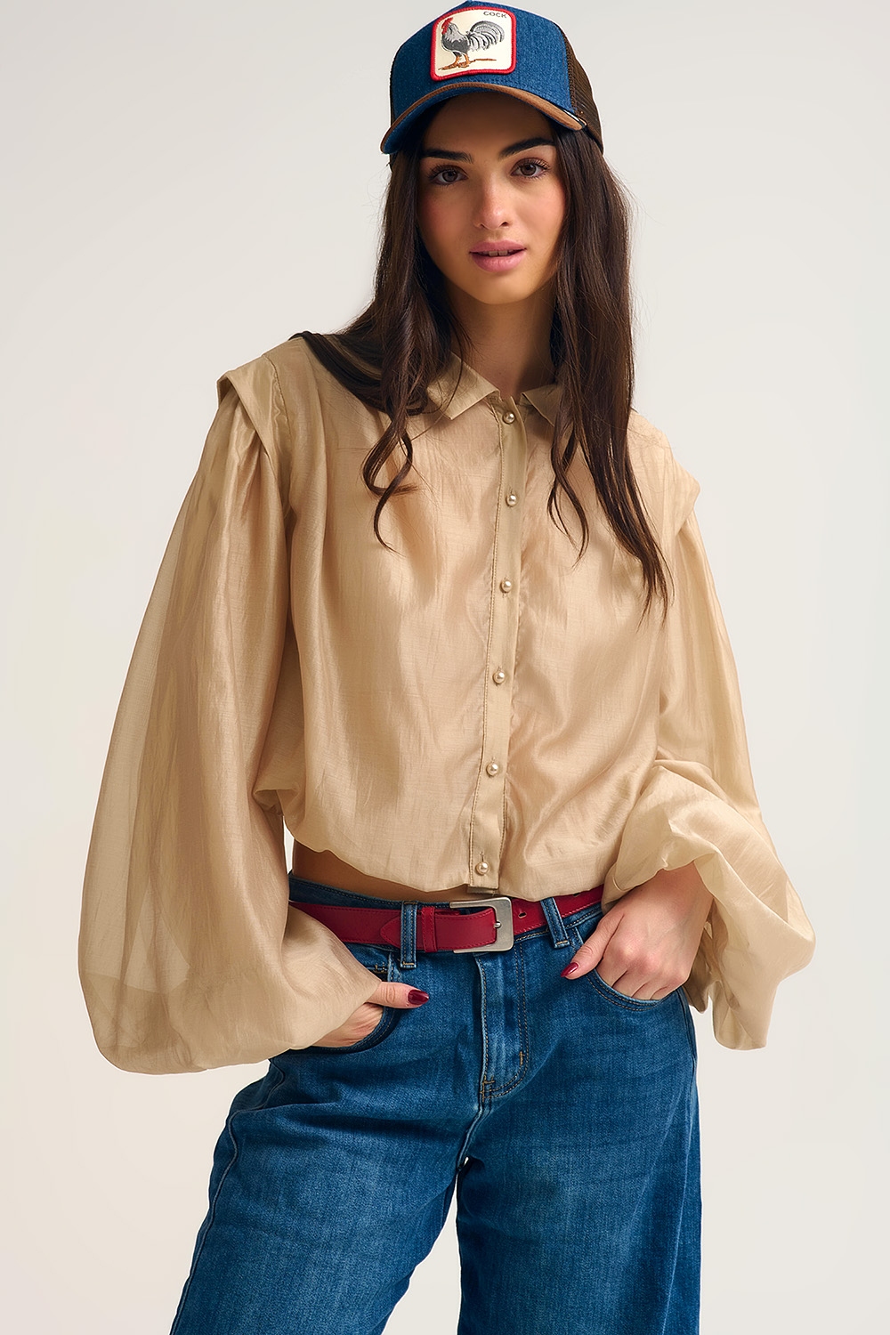 Blusa de seda Tencel con mangas globo y botones de nácar Blusa de seda Tencel con mangas globo y botones de nácar
