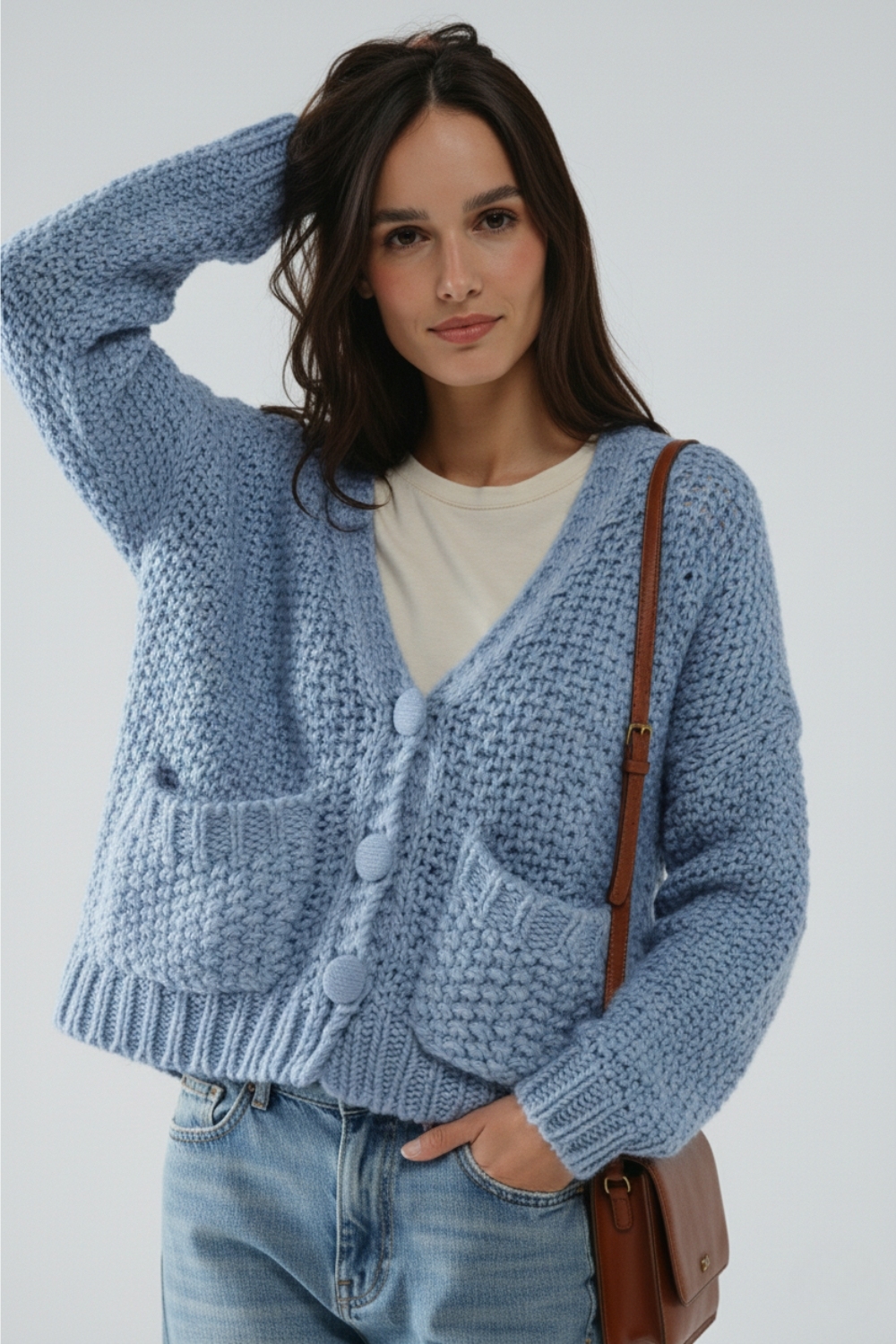 Chaqueta oversize de punto grueso azul claro con bolsillos Chaqueta oversize de punto grueso azul claro con bolsillos