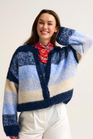 Chaqueta de punto grueso en degradado azul marino con textura suave y botones delante