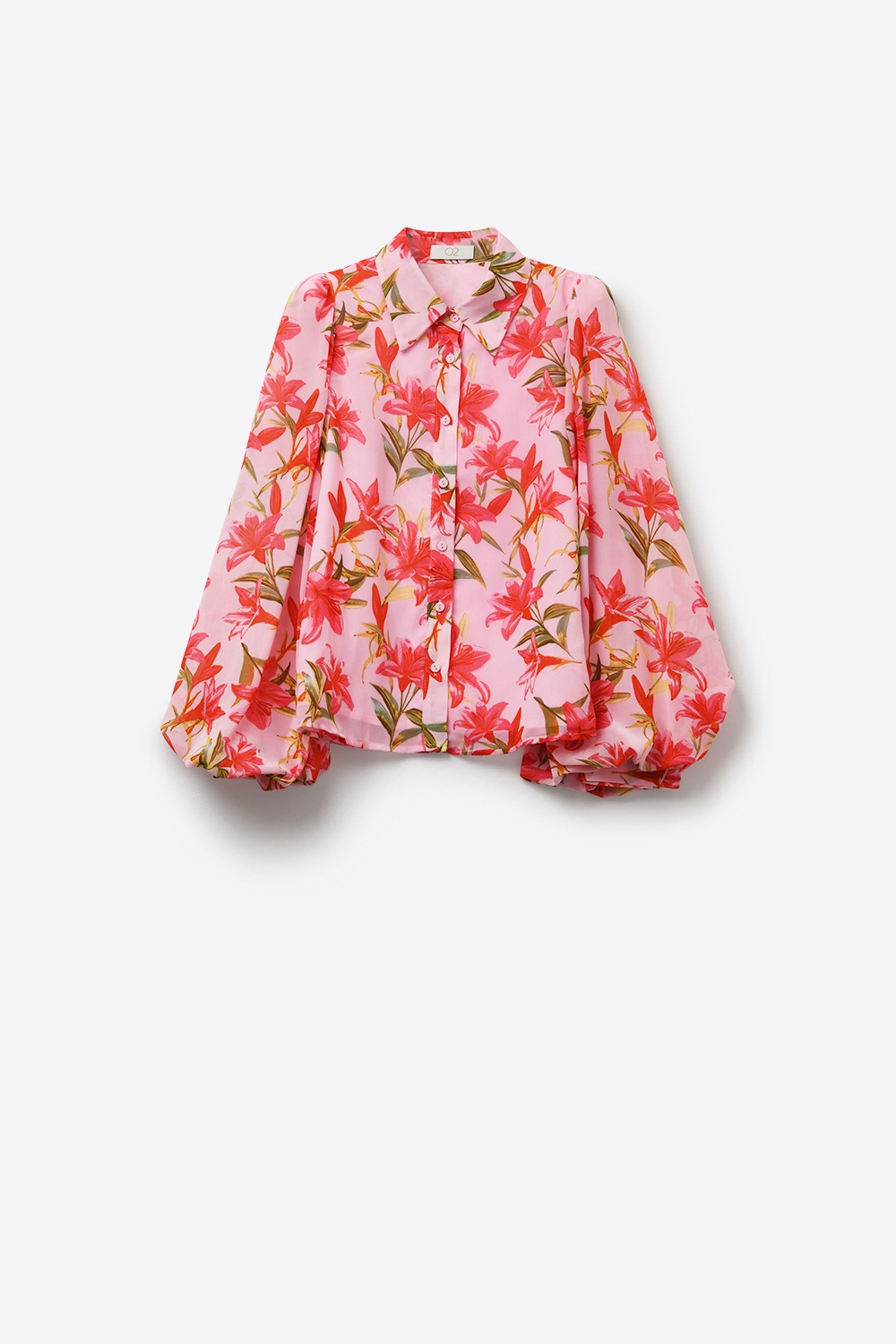 Blusa de gasa con Estampado Floral Rosa y Mangas de Globo Abotonada Blusa de gasa con Estampado Floral Rosa y Mangas de Globo Abotonada