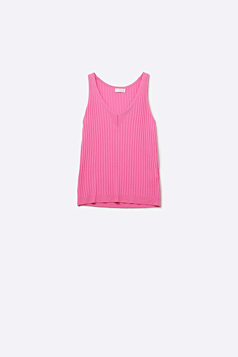 Camiseta de Tirantes de Punto Acanalado Rosa con Cuello en V Camiseta de Tirantes de Punto Acanalado Rosa con Cuello en V