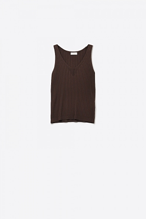 Camiseta de Tirantes de Punto Acanalado Marrón con Cuello en V