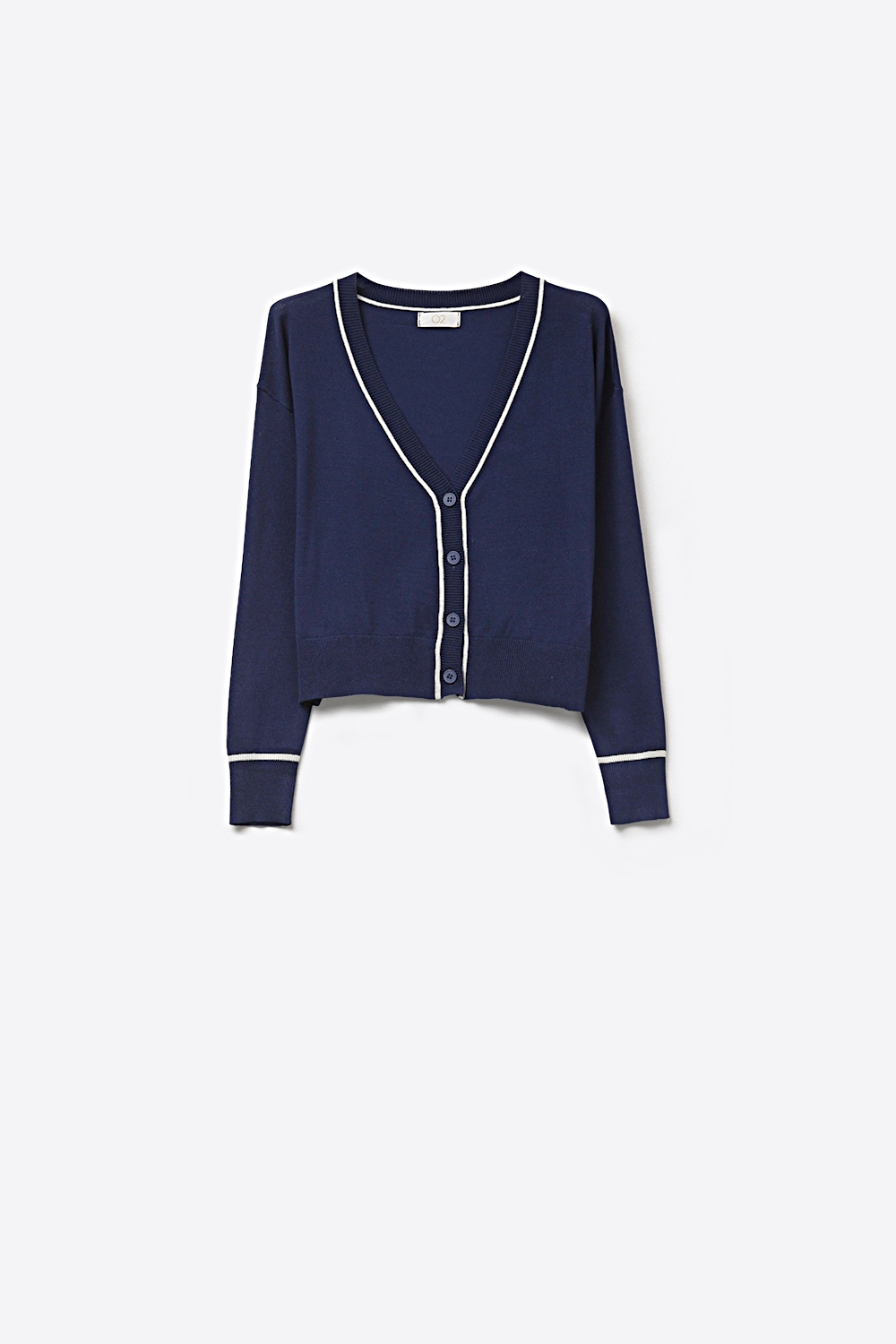 Chaqueta de punto fino azul marino con ribete a contraste en blanco