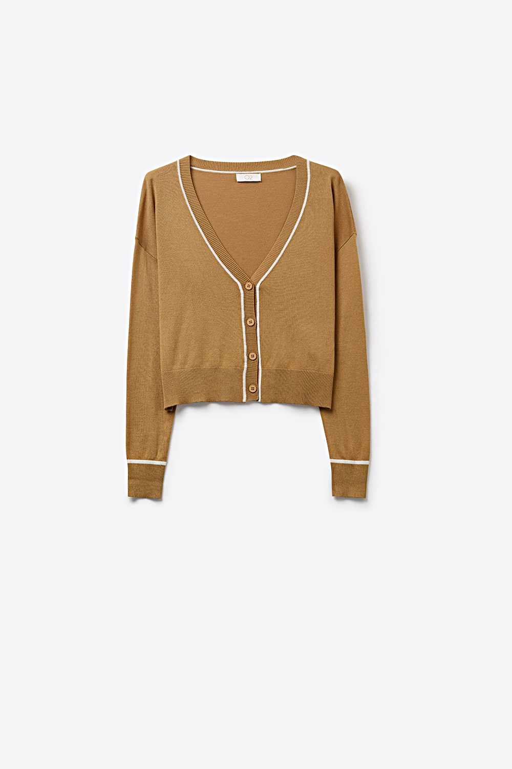 C&aacute;rdigan de punto fino camel con ribete contrastado en blanco