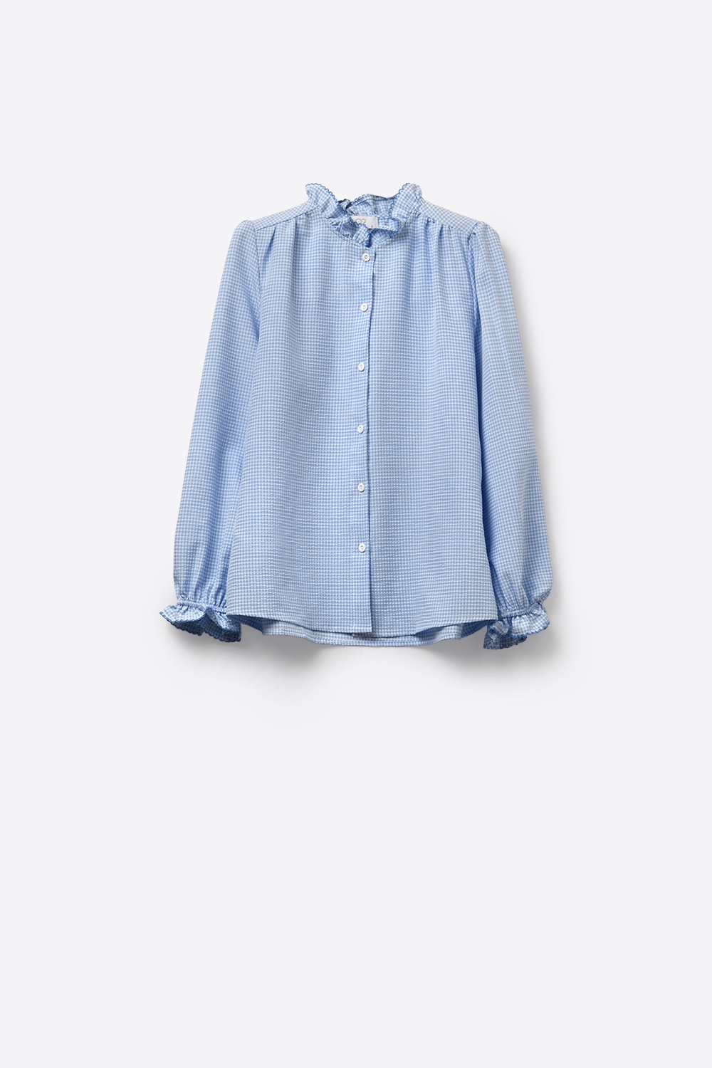 Camisa abotonada con cuello de volante de vichy azul claro