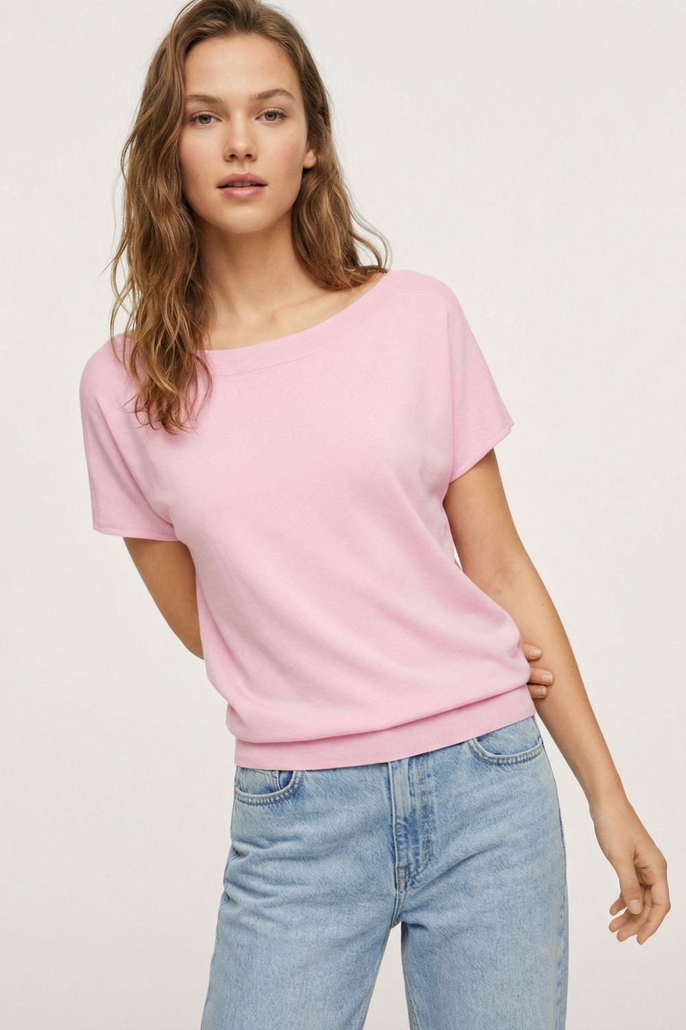 Jersey relajado rosa bebé con cuello barco y mangas caídas Jersey relajado rosa bebé con cuello barco y mangas caídas