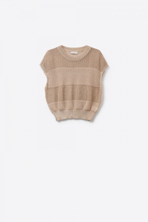 Beige Suéter de Manga Corta de Ganchillo