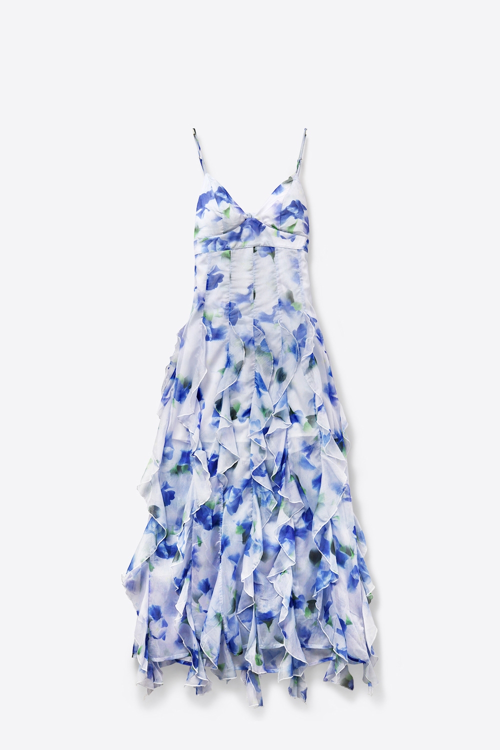 Vestido de fiesta maxi blanco y azul con flores y volantes