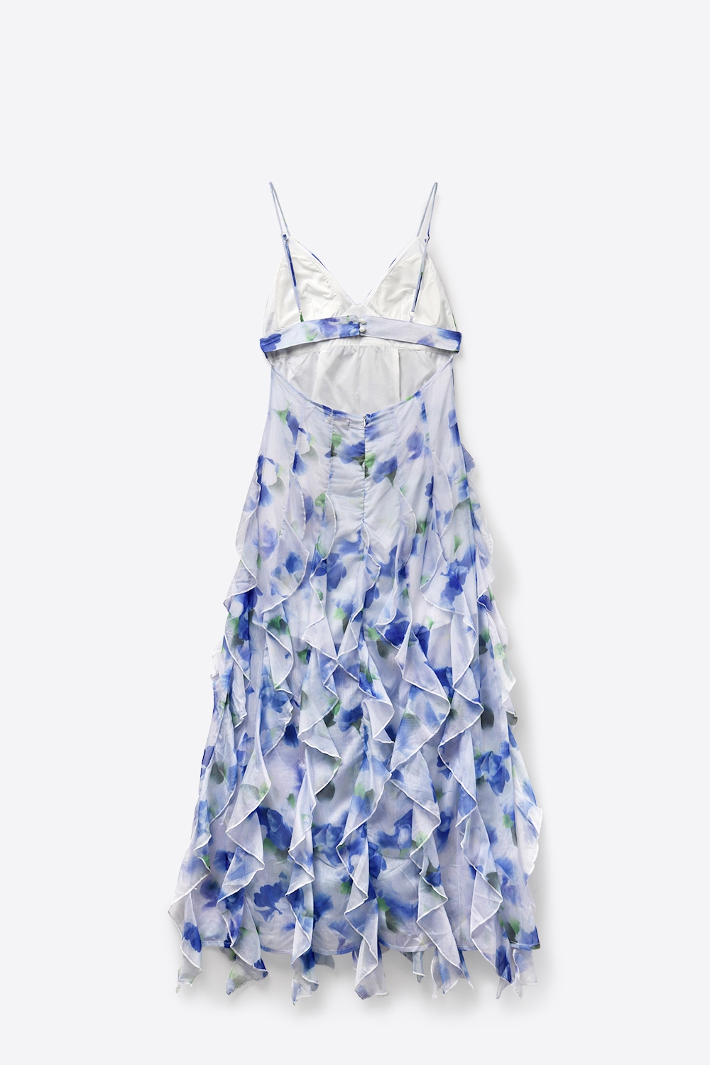 Vestido de fiesta maxi blanco y azul con flores y volantes